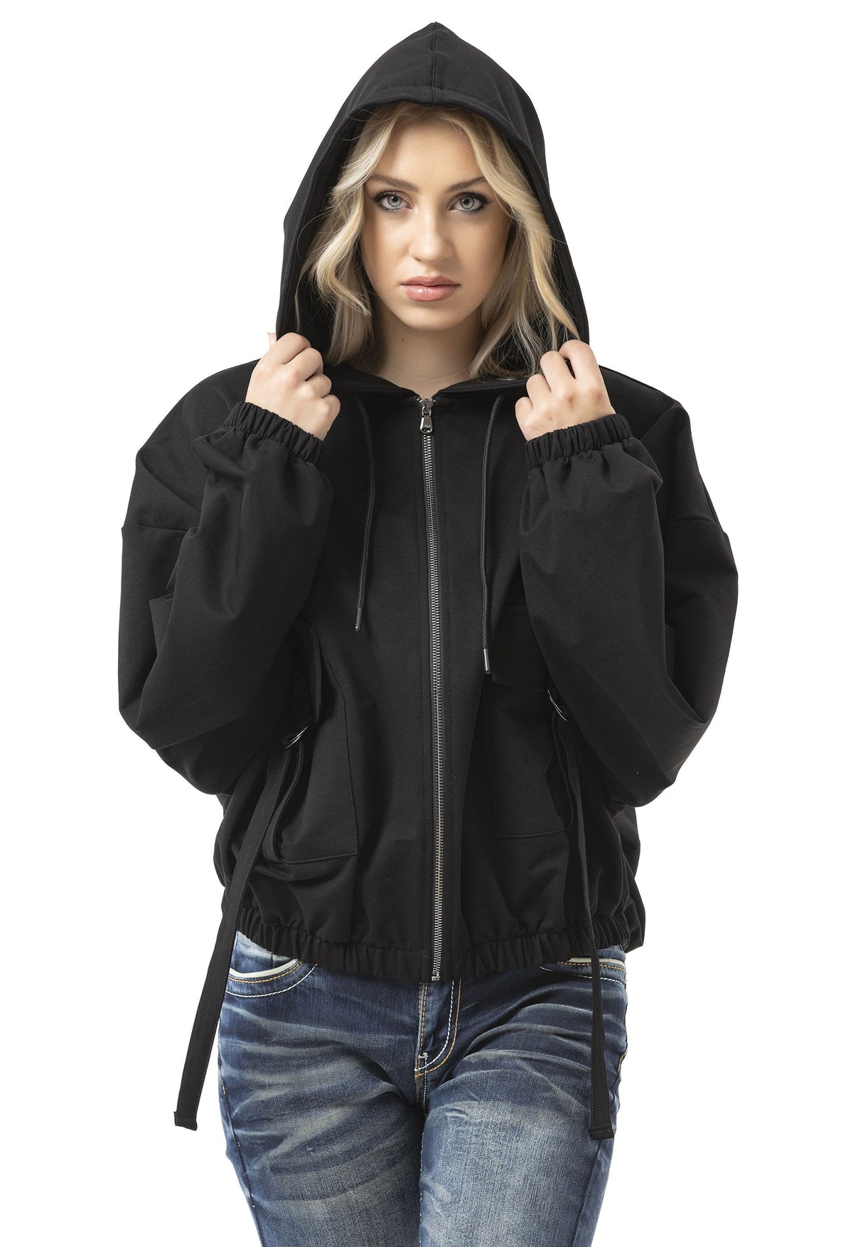 Kadın Kapüşonlu Sweatshirt- Siyah Fermuarlı Kapüşonlu, Kullanışlı Cepler ve Oversize Kalıp WL368