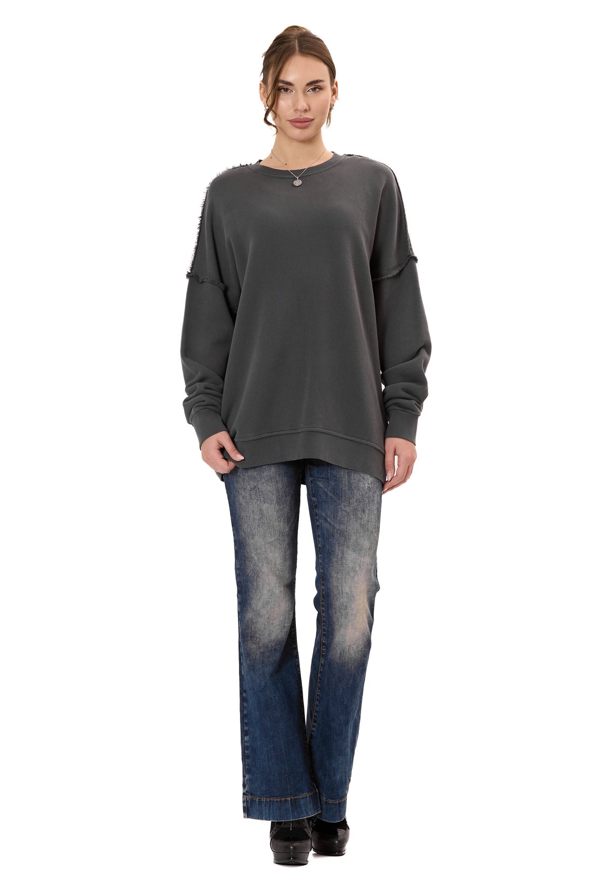 WL371 Kadın Büyük Beden Sweatshirt – Dokulu desen ve dikiş detaylarına sahip bol kesim kazak
