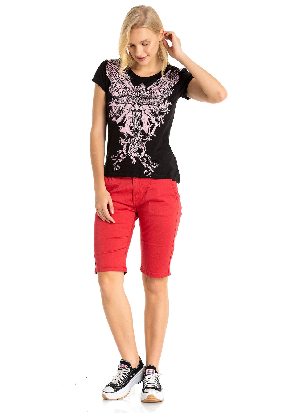 WT341 Parlak Taşlı Angel Cross Tişört