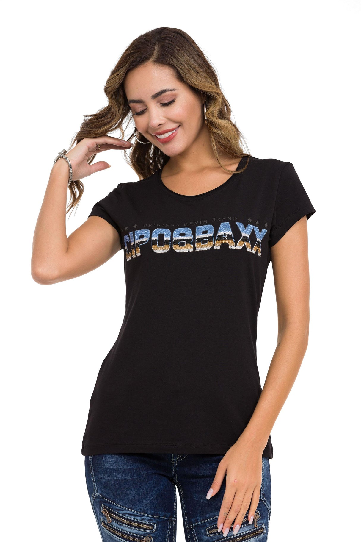 WT366 Futurist Taşlı Kadın Tişört