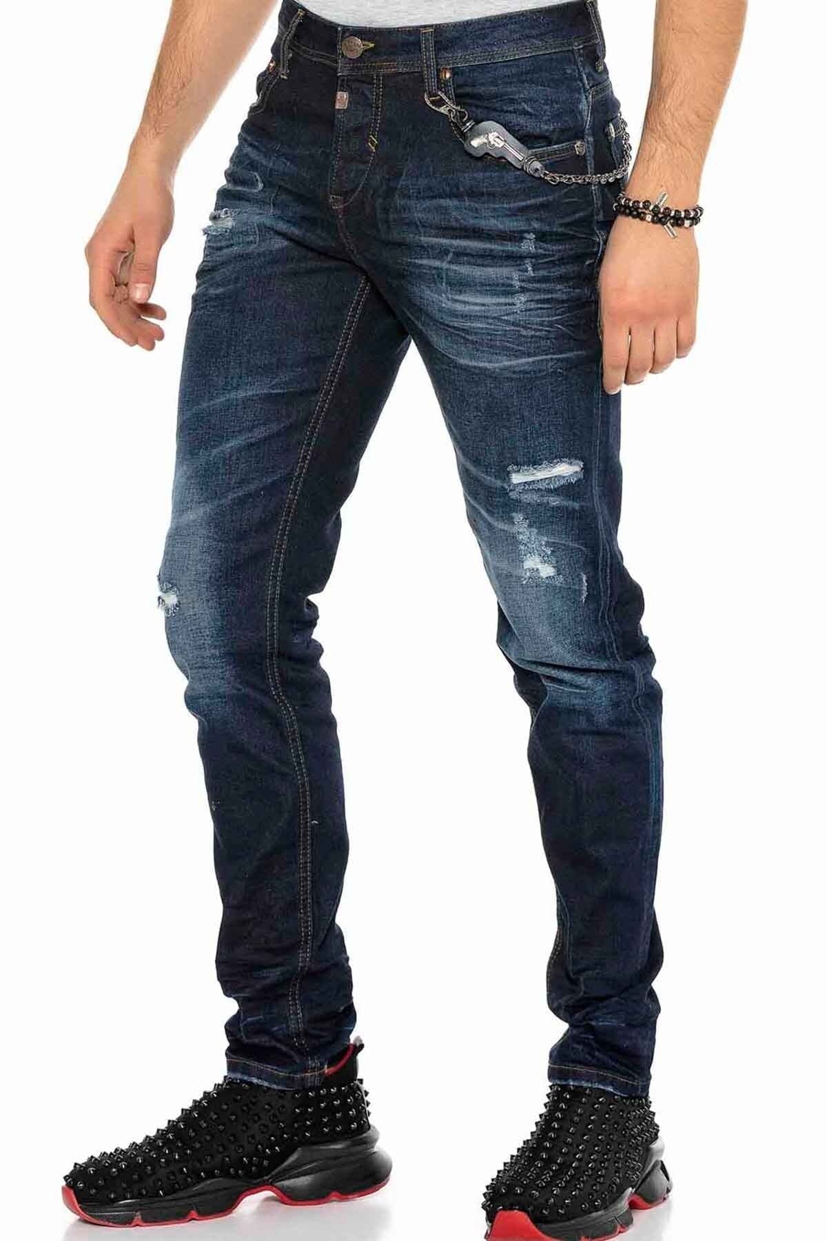 CD392 Zincirli Yırtık Dar Paça Lacivert Erkek Jeans