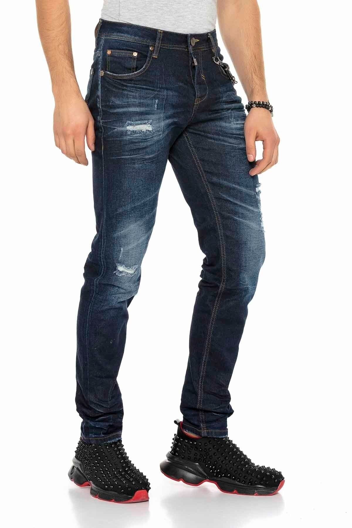 CD392 Zincirli Yırtık Dar Paça Lacivert Erkek Jeans