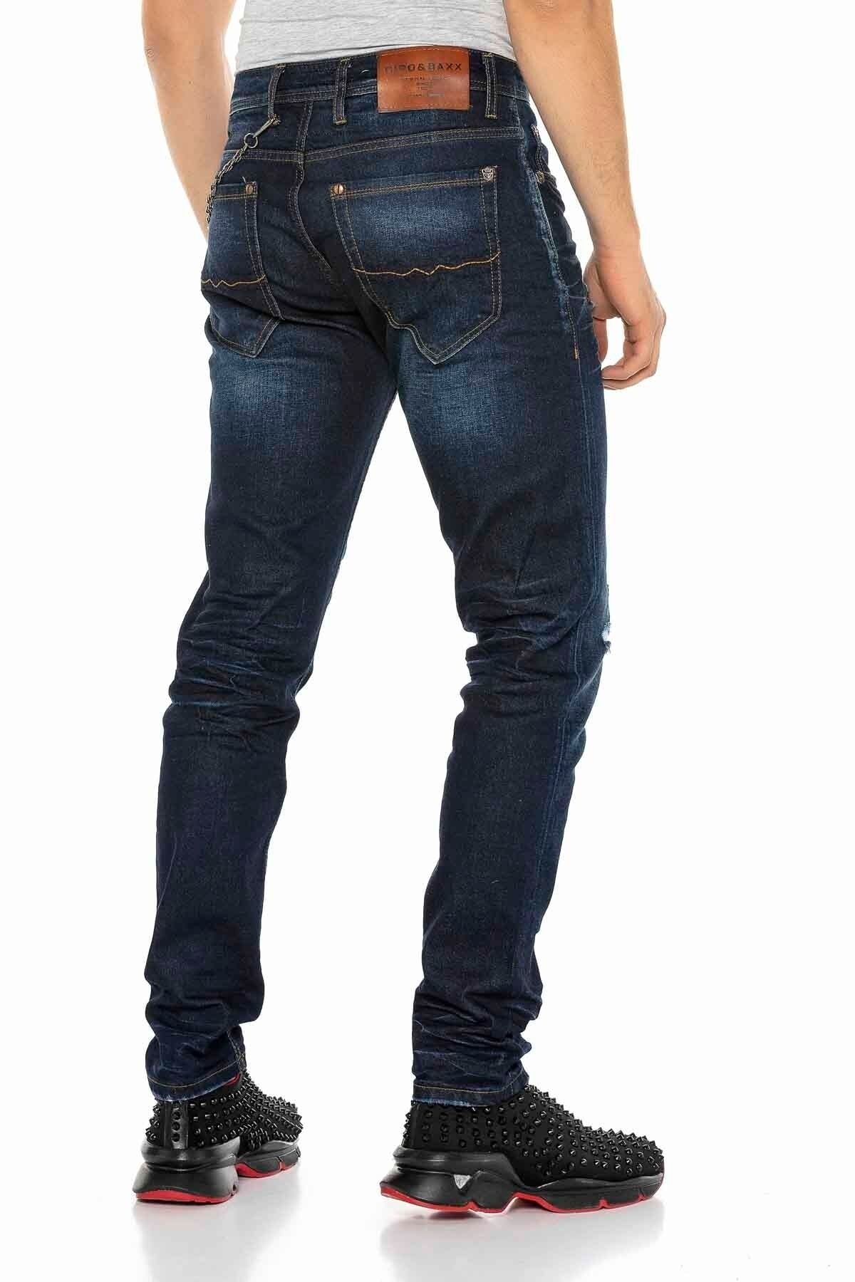 CD392 Zincirli Yırtık Dar Paça Lacivert Erkek Jeans