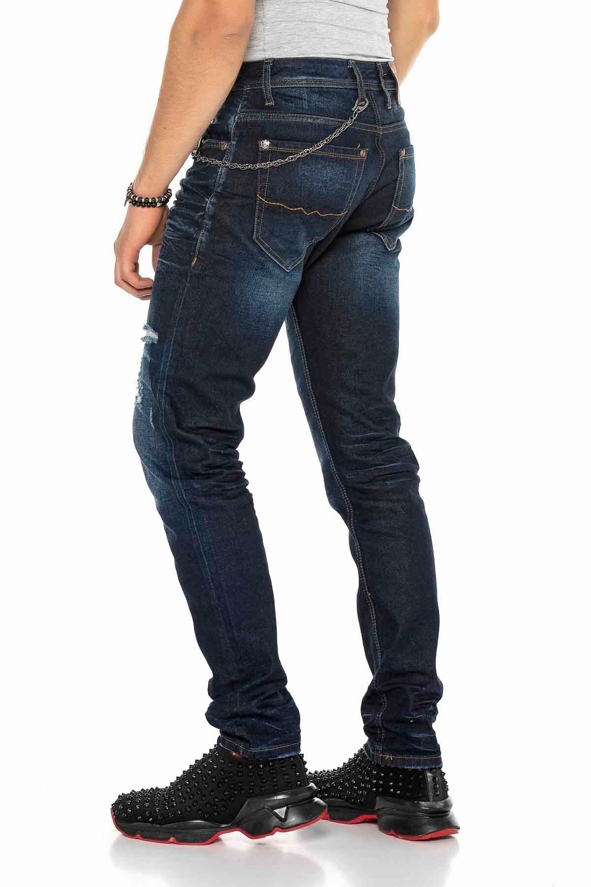 CD392 Zincirli Yırtık Dar Paça Lacivert Erkek Jeans
