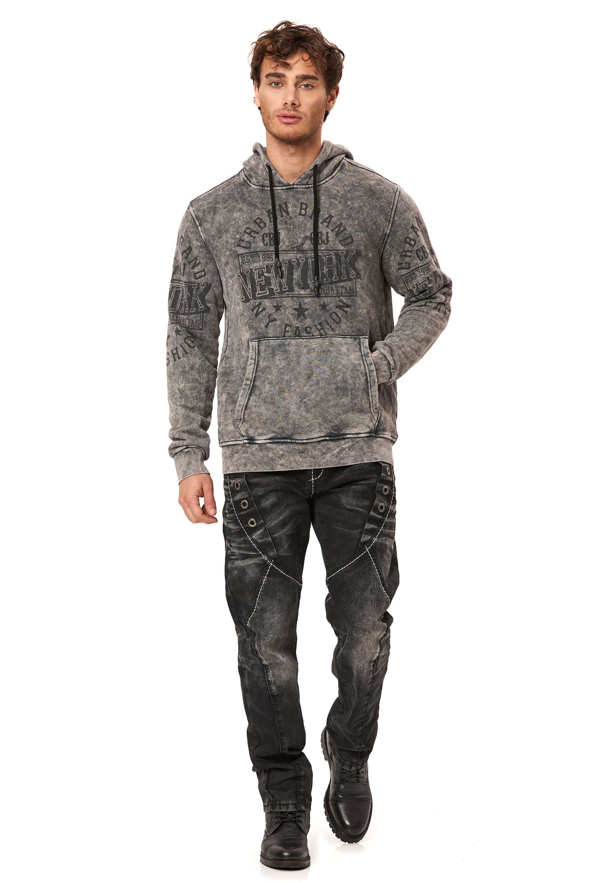 CL596 Erkek Kapüşonlu Sweatshirt – Şehir Baskılı ve Asit Yıkamalı Kapüşonlu Kazak New York Esintili Sokak Giyim