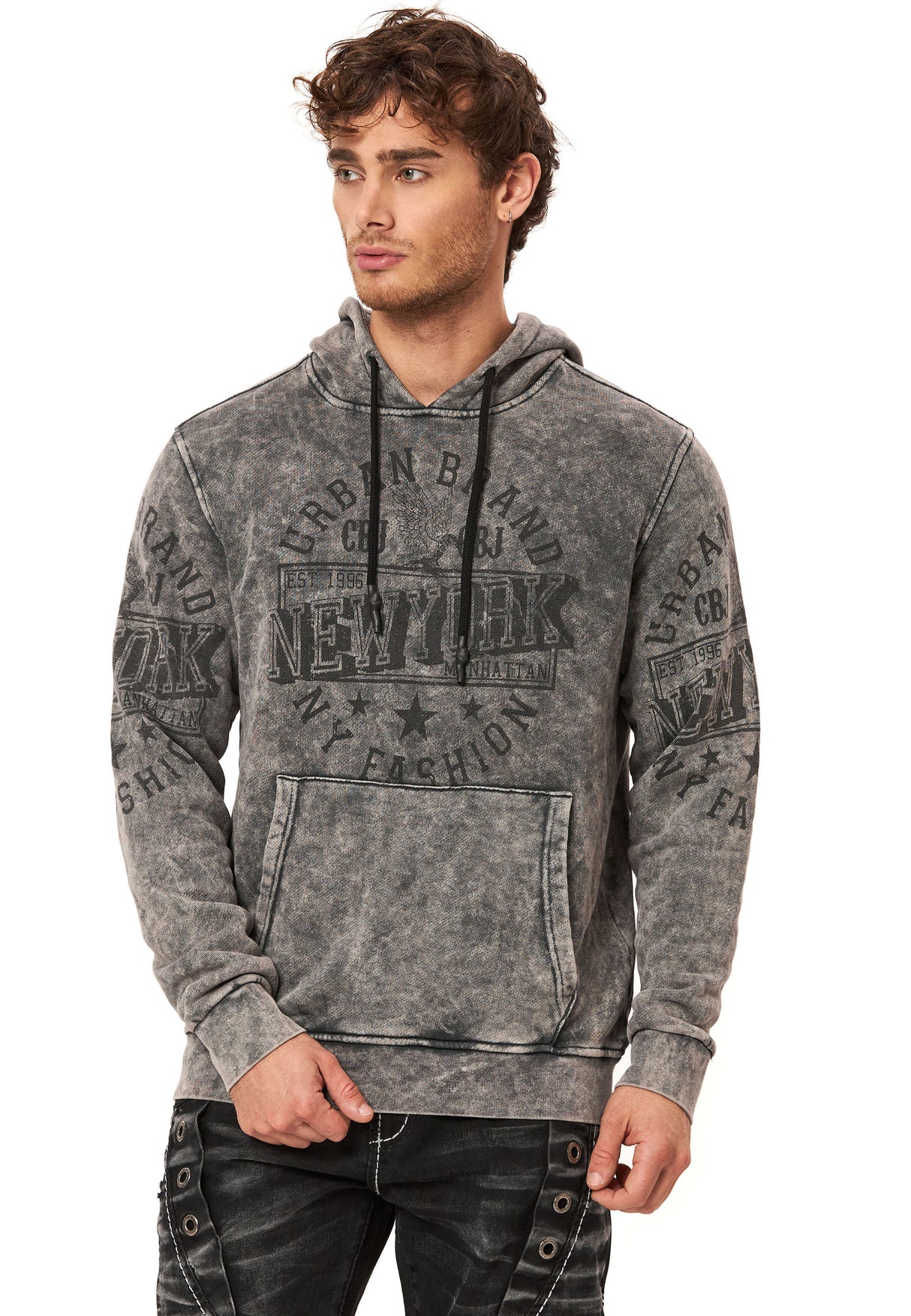 CL596 Erkek Kapüşonlu Sweatshirt – Şehir Baskılı ve Asit Yıkamalı Kapüşonlu Kazak New York Esintili Sokak Giyim