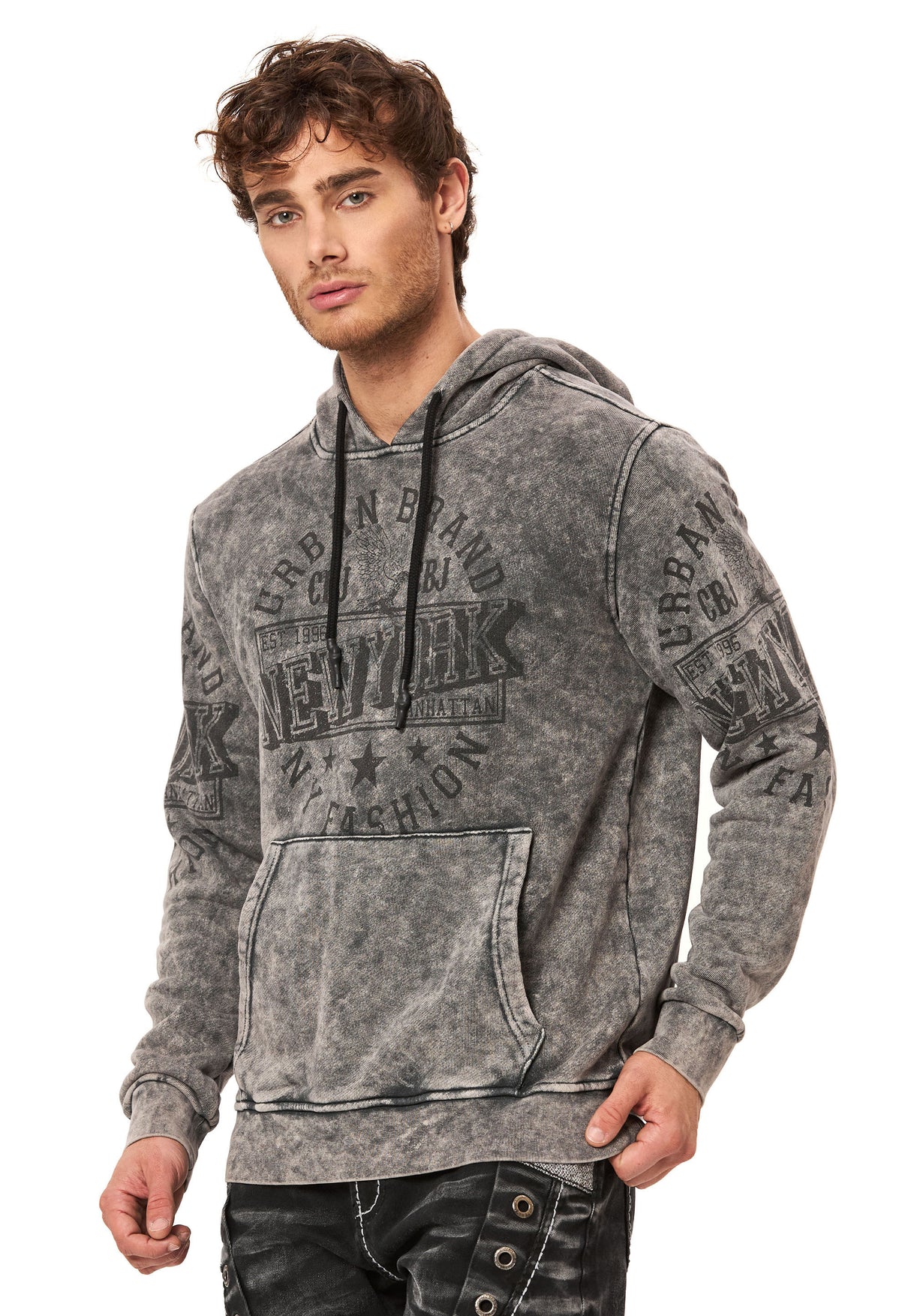 CL596 Erkek Kapüşonlu Sweatshirt – Şehir Baskılı ve Asit Yıkamalı Kapüşonlu Kazak New York Esintili Sokak Giyim