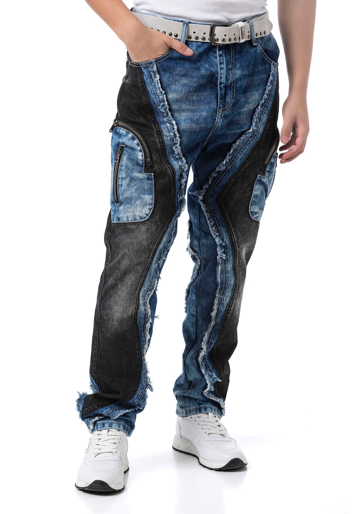 Erkek Loose Fit Kontrast Parçalı Kargo Cepli Eskitme Denim Jean Pantolon CD909