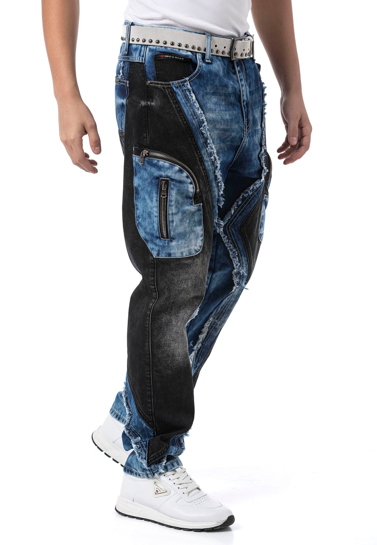 Erkek Loose Fit Kontrast Parçalı Kargo Cepli Eskitme Denim Jean Pantolon CD909