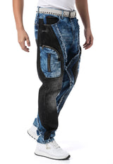 Erkek Loose Fit Kontrast Parçalı Kargo Cepli Eskitme Denim Jean Pantolon CD909