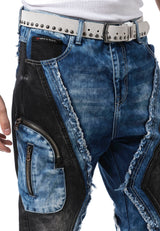 Erkek Loose Fit Kontrast Parçalı Kargo Cepli Eskitme Denim Jean Pantolon CD909