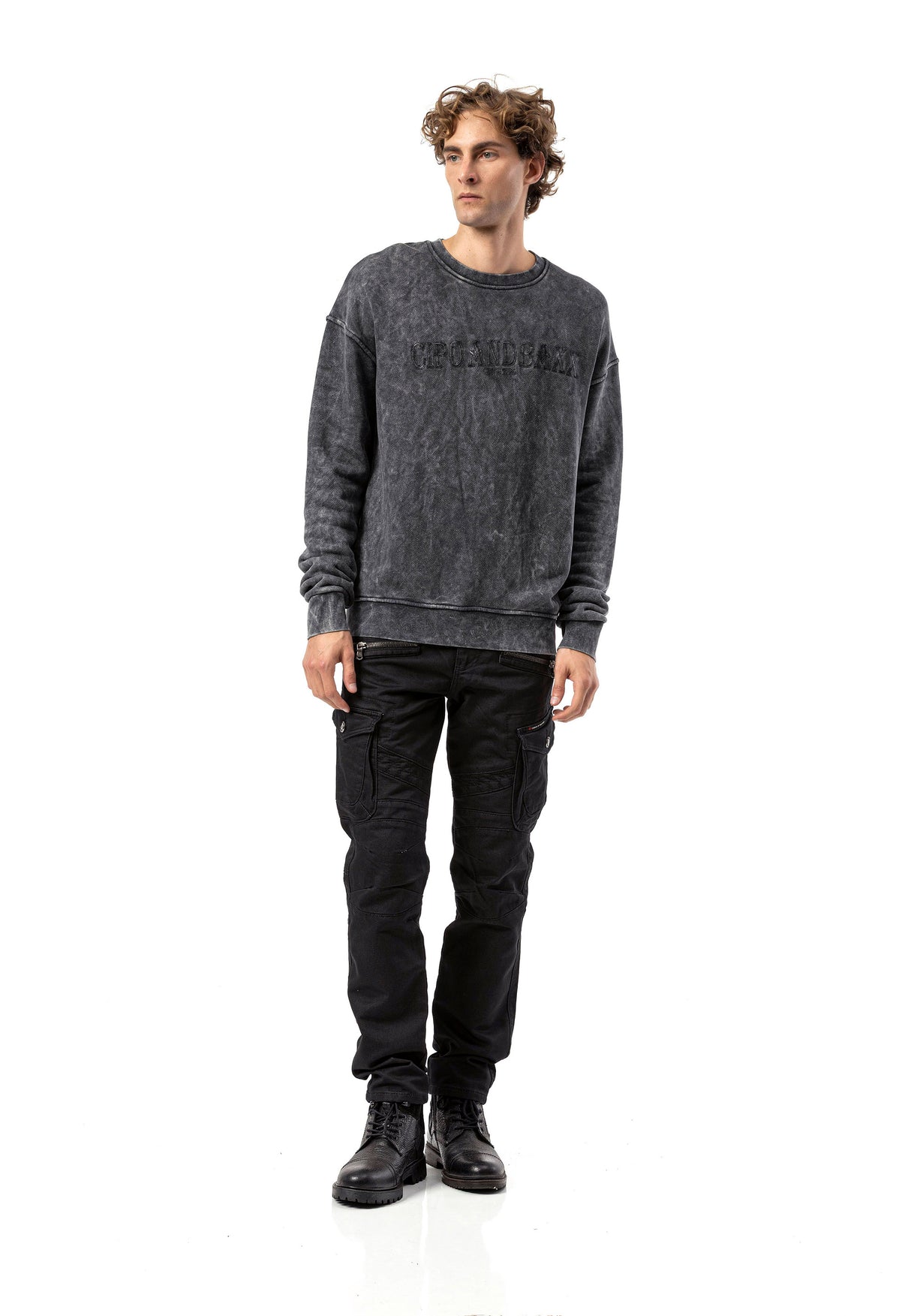 CL595 Erkek Sweatshirt - Yıkanmış Görünümlü, Yuvarlak Yakalı