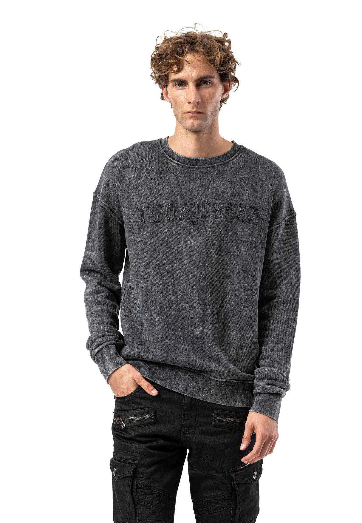 CL595 Erkek Sweatshirt - Yıkanmış Görünümlü, Yuvarlak Yakalı