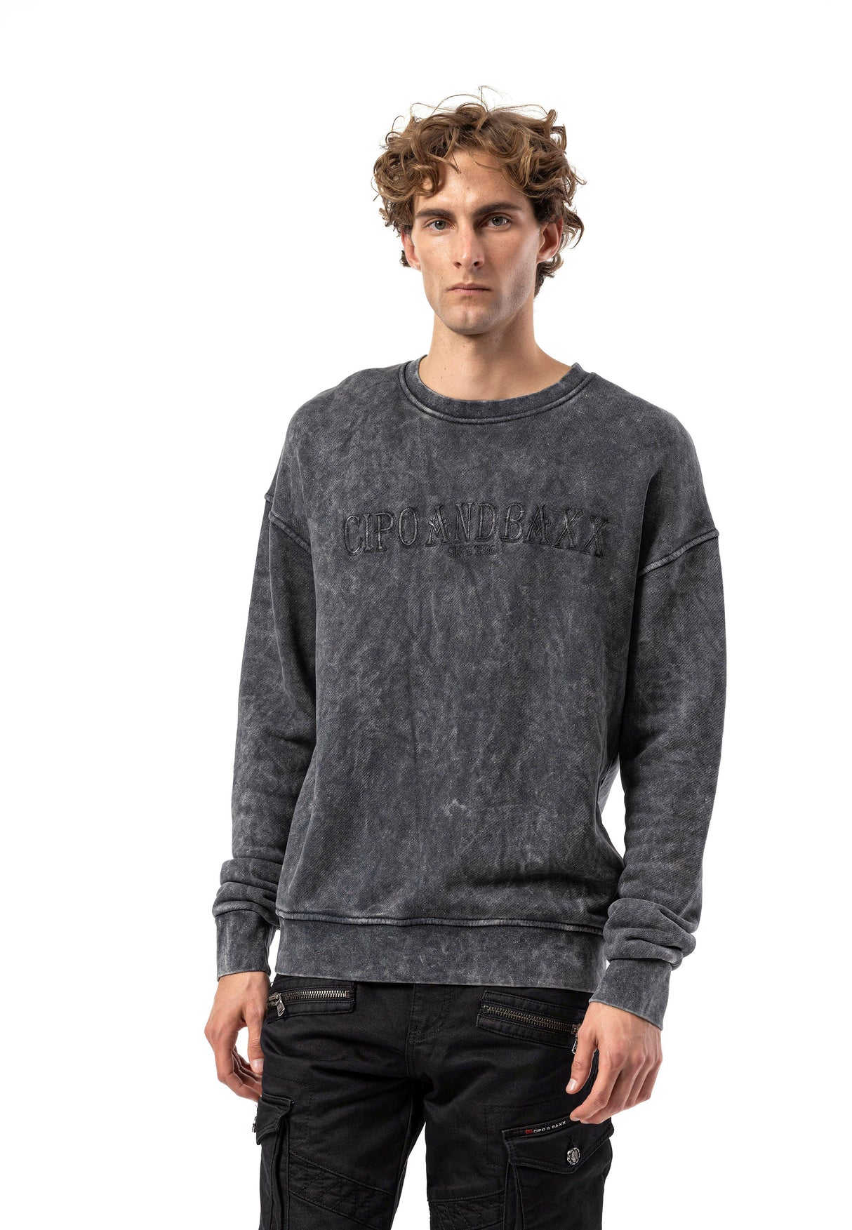 CL595 Erkek Sweatshirt - Yıkanmış Görünümlü, Yuvarlak Yakalı