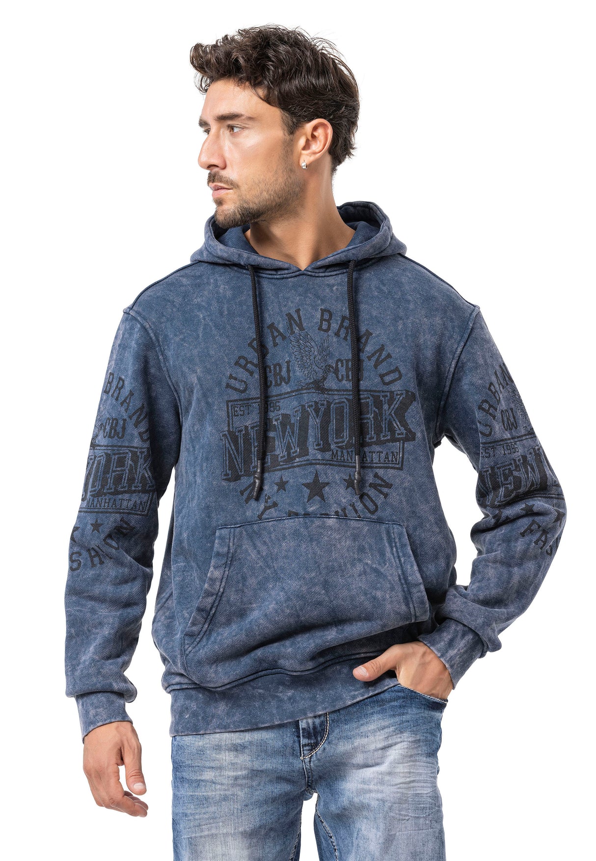 CL596 Erkek Kapüşonlu Sweatshirt – Şehir Baskılı ve Asit Yıkamalı Kapüşonlu Kazak New York Esintili Sokak Giyim
