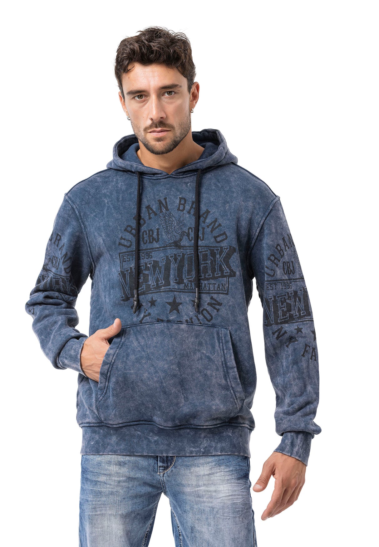 CL596 Erkek Kapüşonlu Sweatshirt – Şehir Baskılı ve Asit Yıkamalı Kapüşonlu Kazak New York Esintili Sokak Giyim