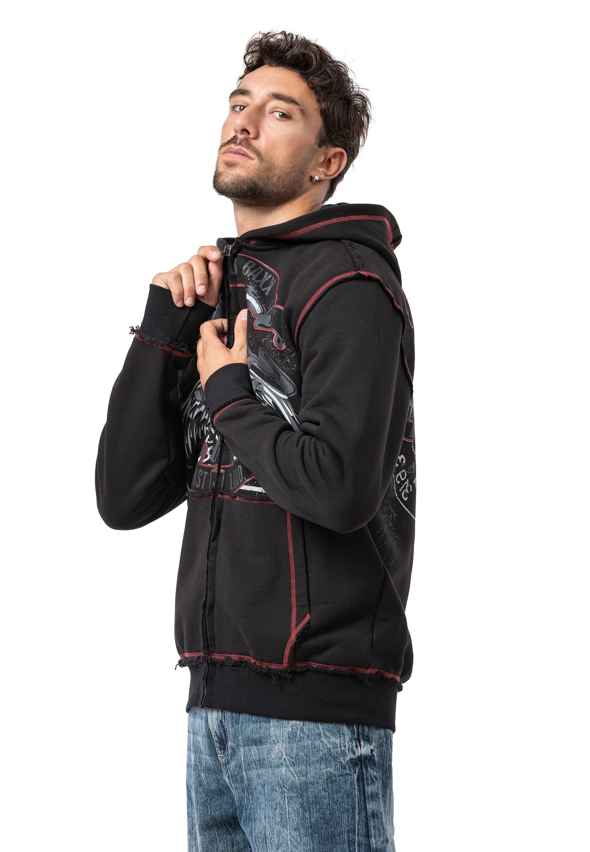 CL598 Erkek Kapüşonlu Sweatshirt – Kartal Baskılı ve "CHROME BLACK 1996" Tasarımlı Rock Tarzı Sokak Giyim Görünümü