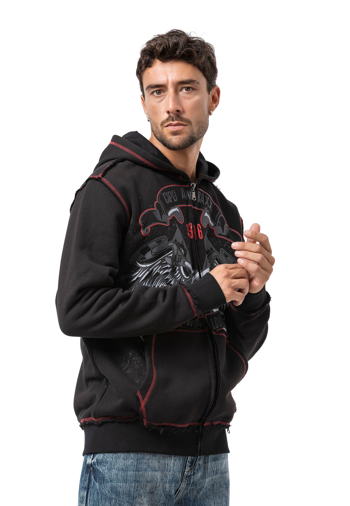 CL598 Erkek Kapüşonlu Sweatshirt – Kartal Baskılı ve "CHROME BLACK 1996" Tasarımlı Rock Tarzı Sokak Giyim Görünümü