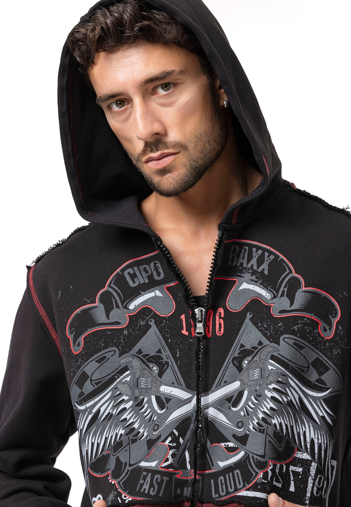 CL598 Erkek Kapüşonlu Sweatshirt – Kartal Baskılı ve "CHROME BLACK 1996" Tasarımlı Rock Tarzı Sokak Giyim Görünümü