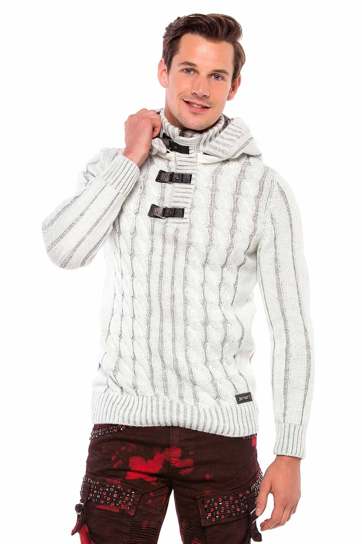 CP214 Peluş Kapşonlu Yakalı Örme Desen Kalın Kazak