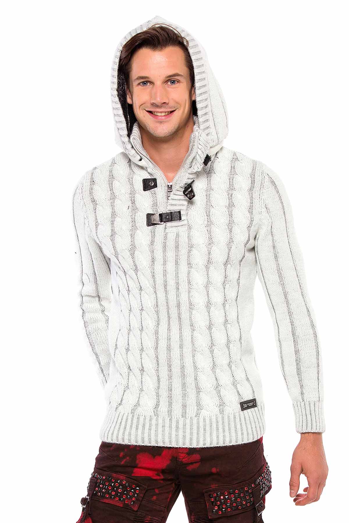 CP214 Peluş Kapşonlu Yakalı Örme Desen Kalın Kazak