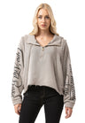 Kadın Crop Oversize Yarım Fermuarlı Pamuklu Bej Sweatshirt WL380