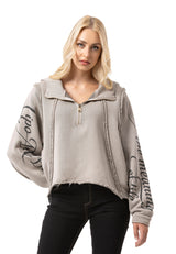 Kadın Crop Oversize Yarım Fermuarlı Pamuklu Bej Sweatshirt WL380