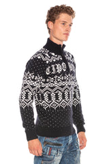 CP233 Dik Yaka Fermuarlı Desenli Kalın Kazak