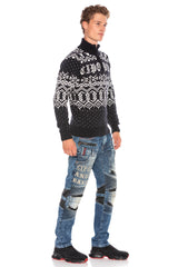 CP233 Dik Yaka Fermuarlı Desenli Kalın Kazak