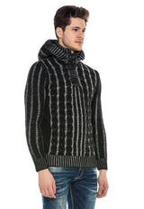 CP214 Peluş Kapşonlu Yakalı Örme Desen Kalın Kazak