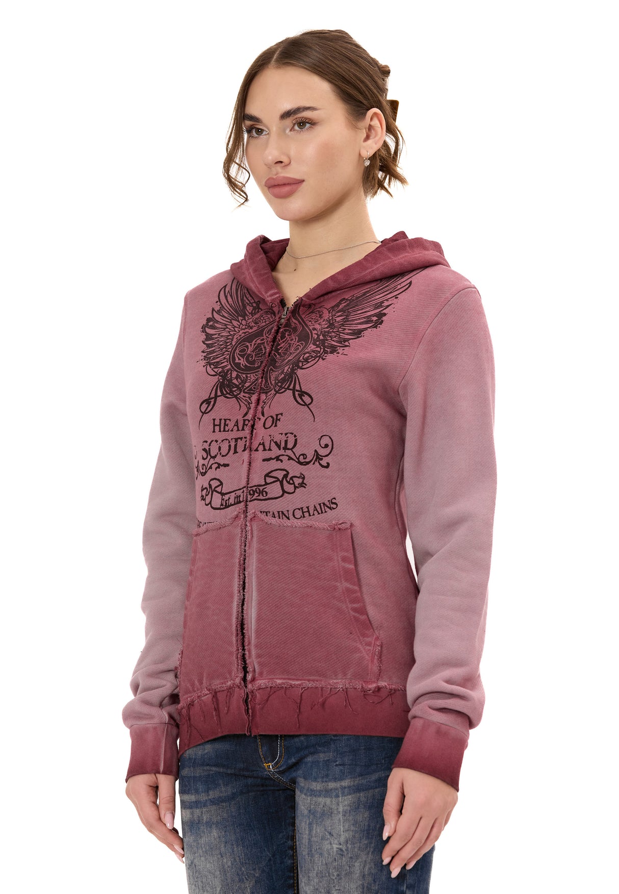WL372 Kadın Sweatshirt Ceket – Ön Baskılı, Gradyan Kapüşonlu