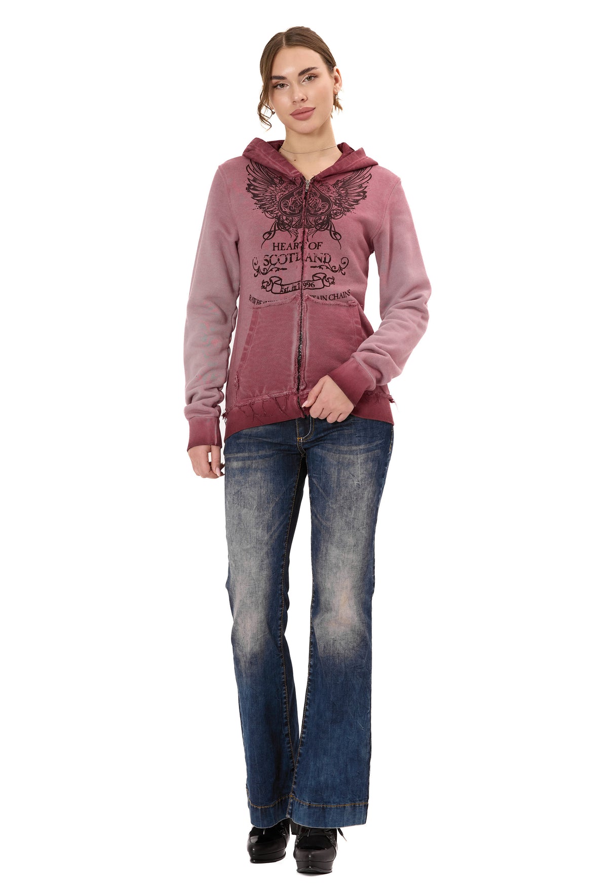WL372 Kadın Sweatshirt Ceket – Ön Baskılı, Gradyan Kapüşonlu