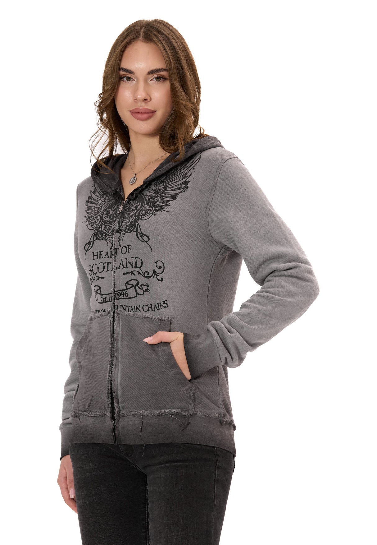 WL372 Kadın Sweatshirt Ceket – Ön Baskılı, Gradyan Kapüşonlu