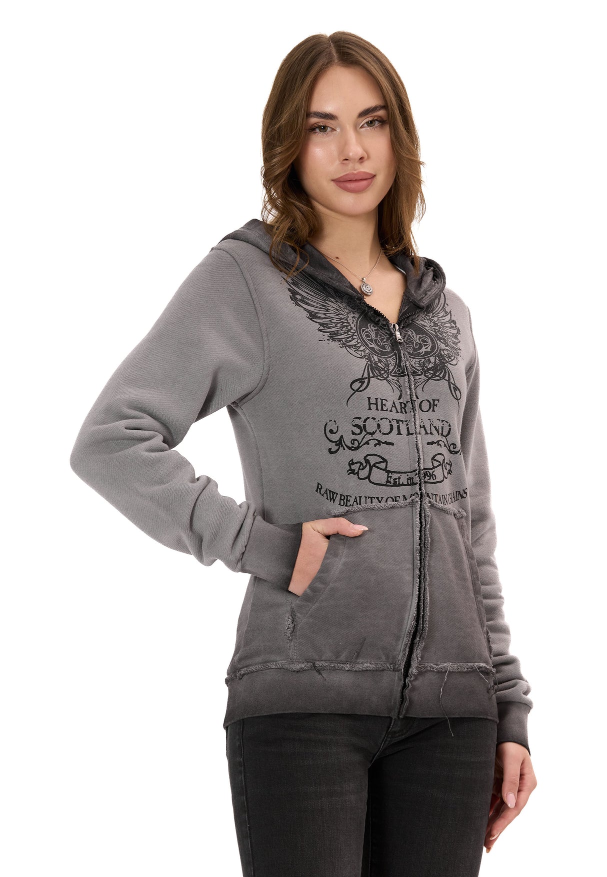 WL372 Kadın Sweatshirt Ceket – Ön Baskılı, Gradyan Kapüşonlu