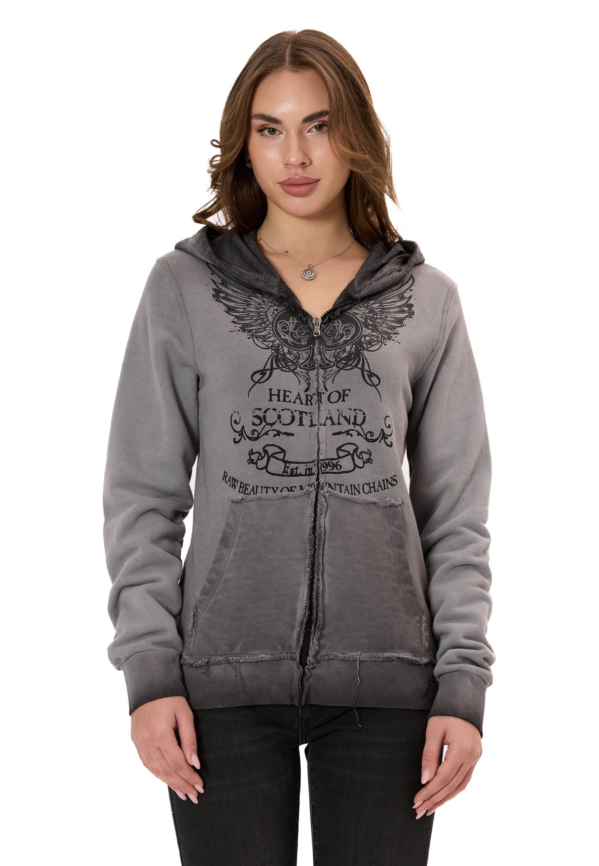 WL372 Kadın Sweatshirt Ceket – Ön Baskılı, Gradyan Kapüşonlu