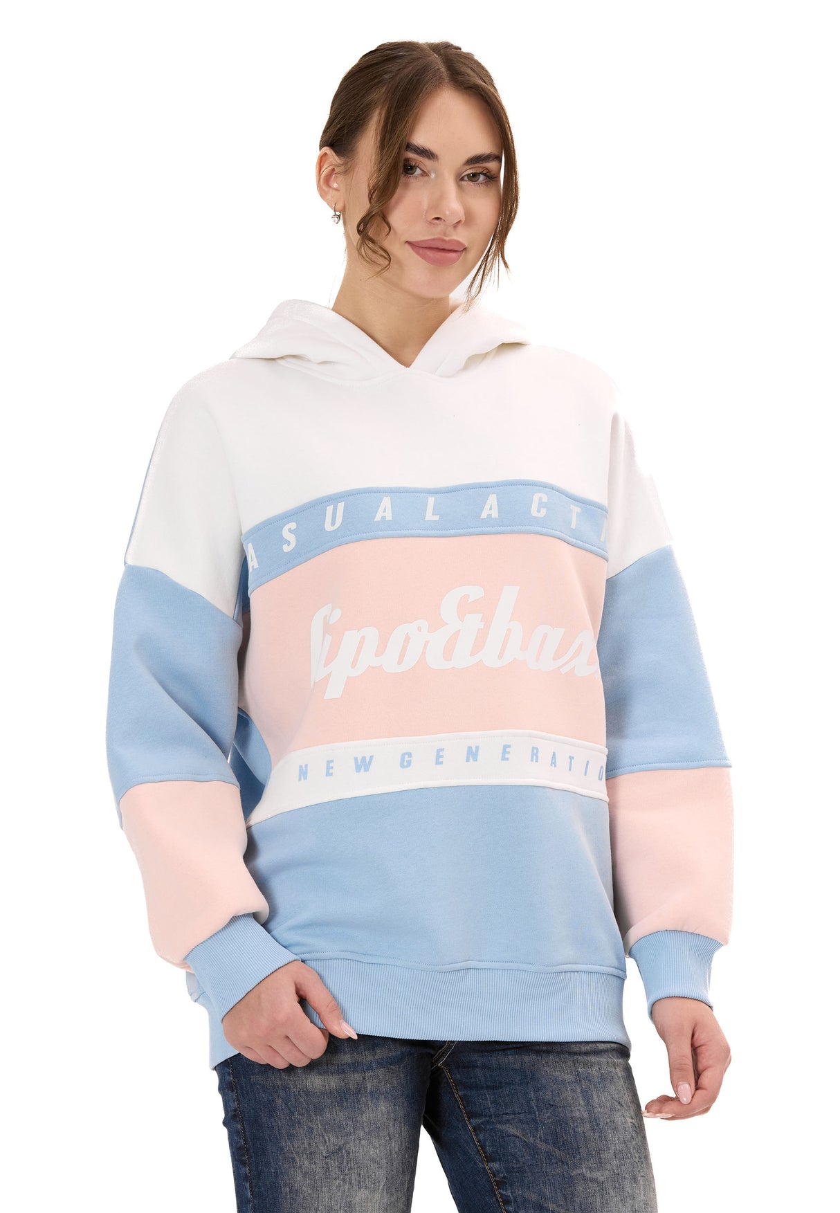 WL376 Kadın Kapüşonlu Sweatshirt – Renk Bloklu Tasarım “Visual Act” Ön Baskı