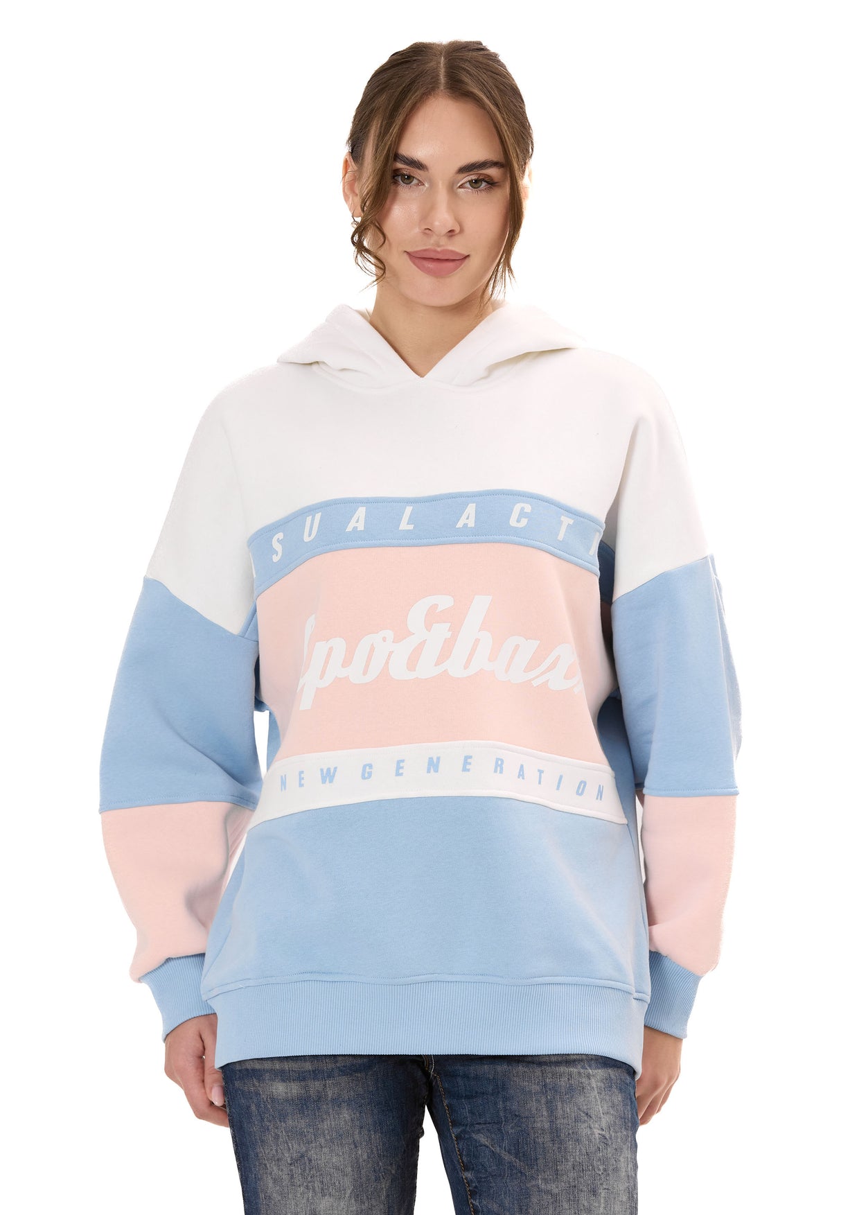 WL376 Kadın Kapüşonlu Sweatshirt – Renk Bloklu Tasarım “Visual Act” Ön Baskı