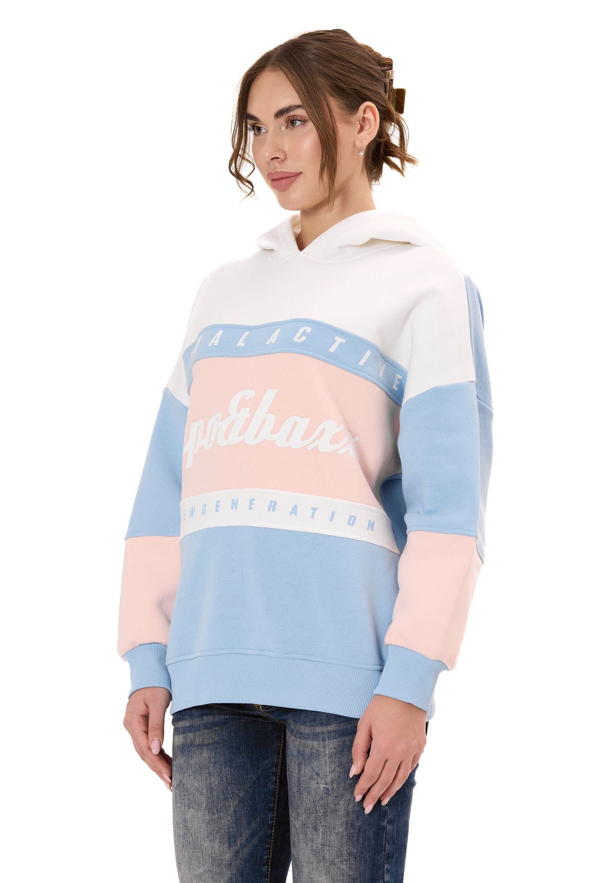 WL376 Kadın Kapüşonlu Sweatshirt – Renk Bloklu Tasarım “Visual Act” Ön Baskı