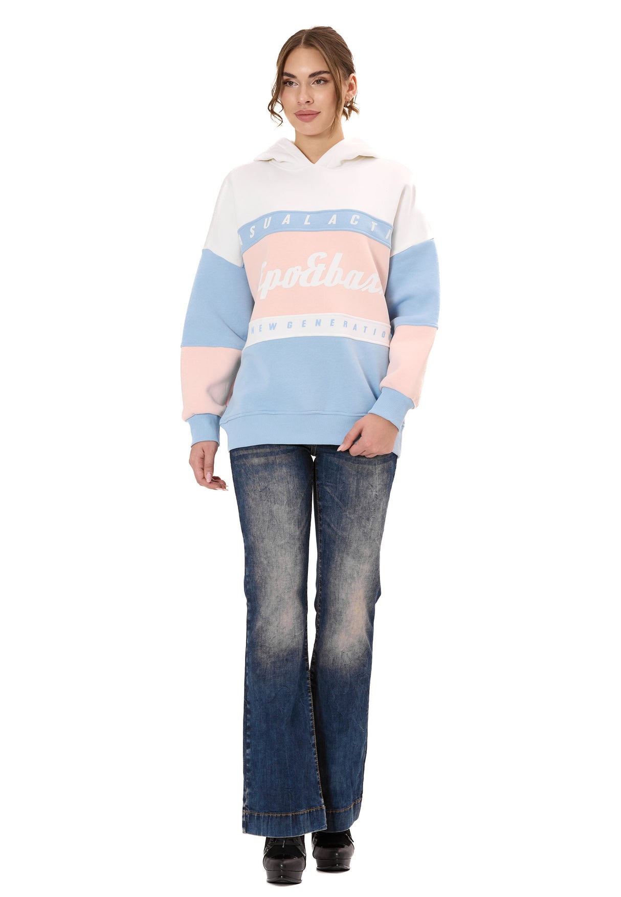 WL376 Kadın Kapüşonlu Sweatshirt – Renk Bloklu Tasarım “Visual Act” Ön Baskı