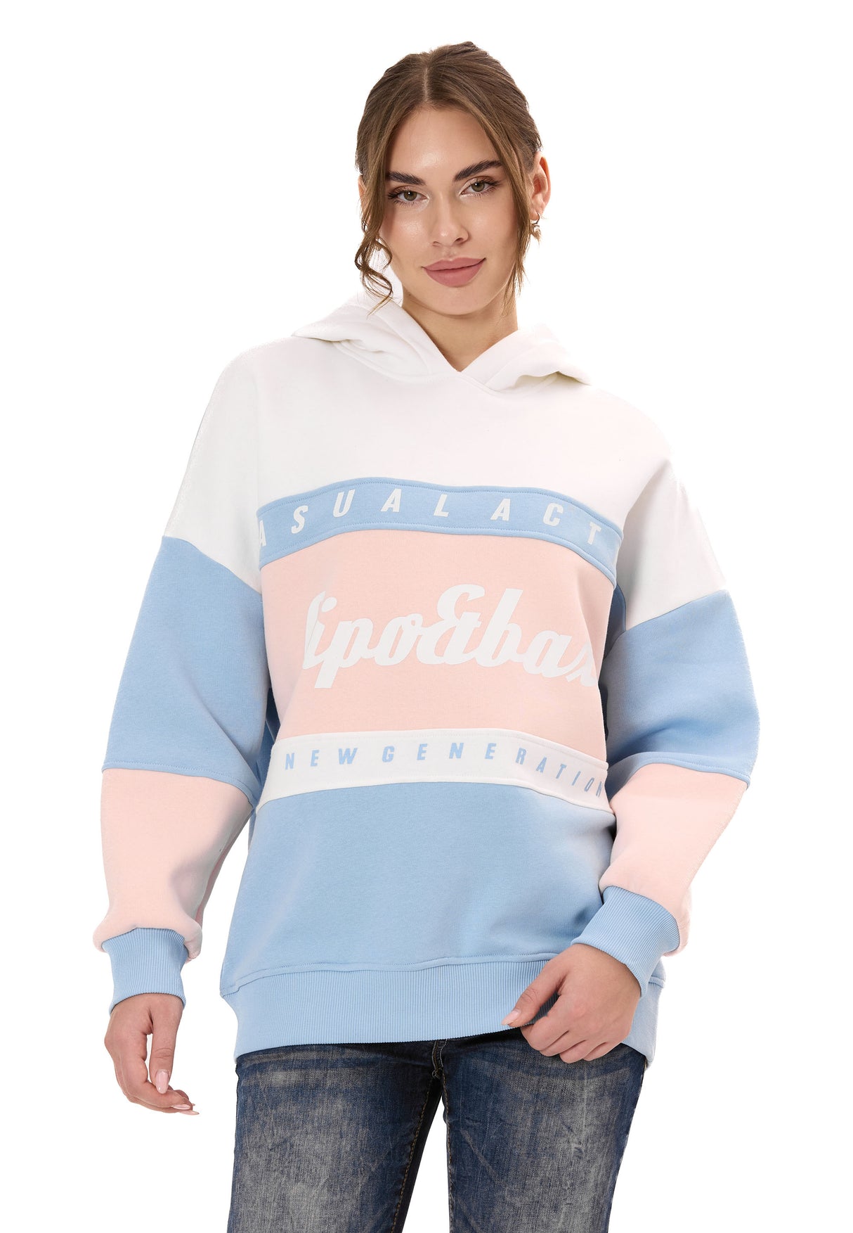WL376 Kadın Kapüşonlu Sweatshirt – Renk Bloklu Tasarım “Visual Act” Ön Baskı