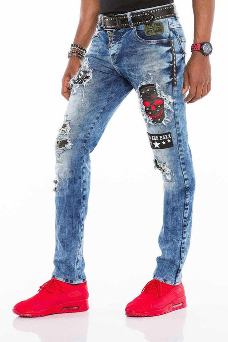 CD408 Erkek Rock Star Kuru Kafa Yamalı Yırtık Jean Pantolon