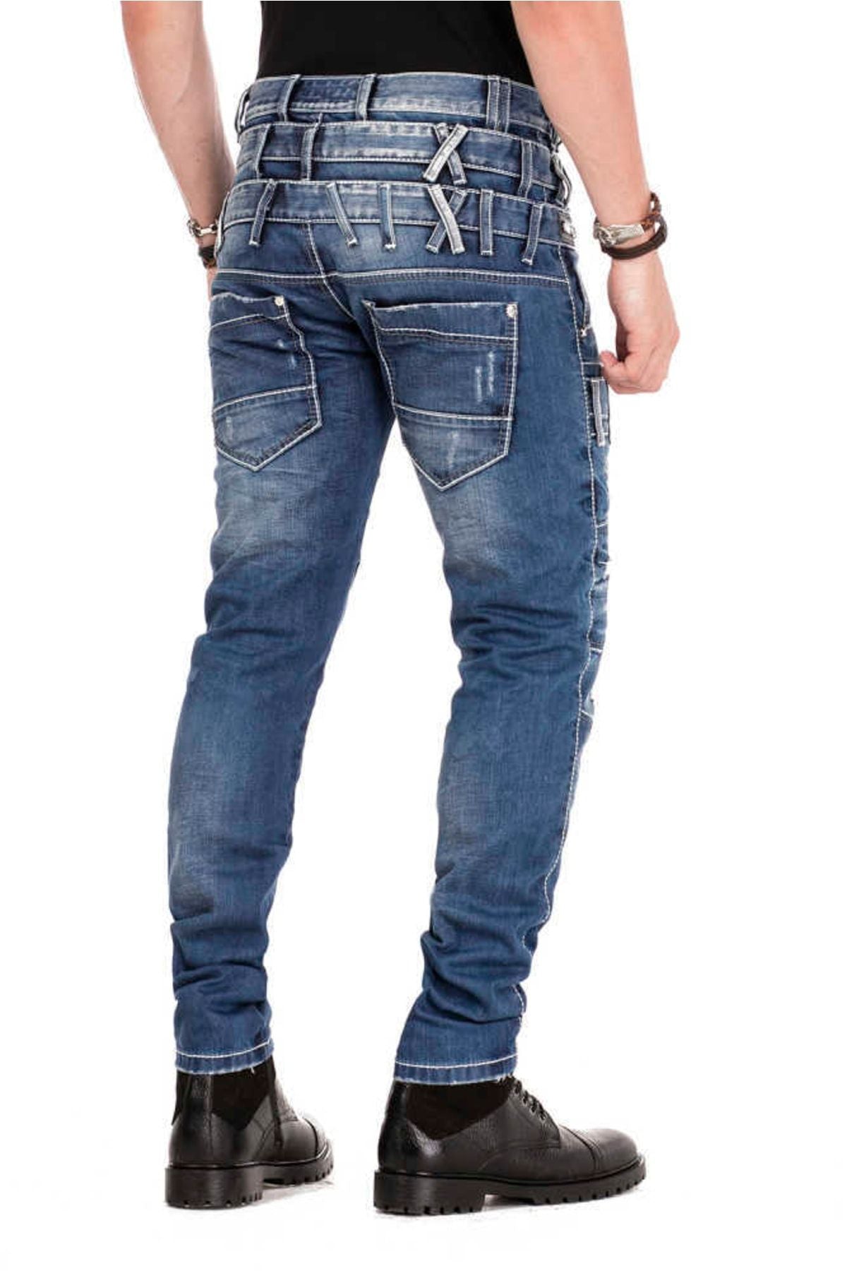 CD466 Üç Katlı Kemer Slim Fit Eskitilmiş Erkek Jean Pantolon