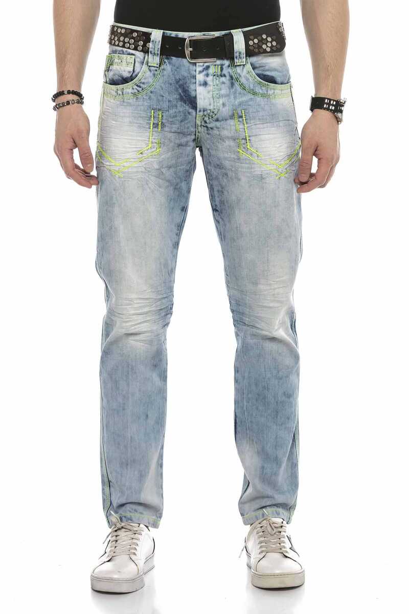 CD596 Neon Cep Nakışlı Buz Mavisi Jean Pantolon