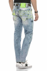 CD596 Neon Cep Nakışlı Buz Mavisi Jean Pantolon