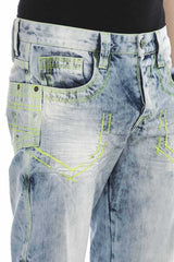 CD596 Neon Cep Nakışlı Buz Mavisi Jean Pantolon