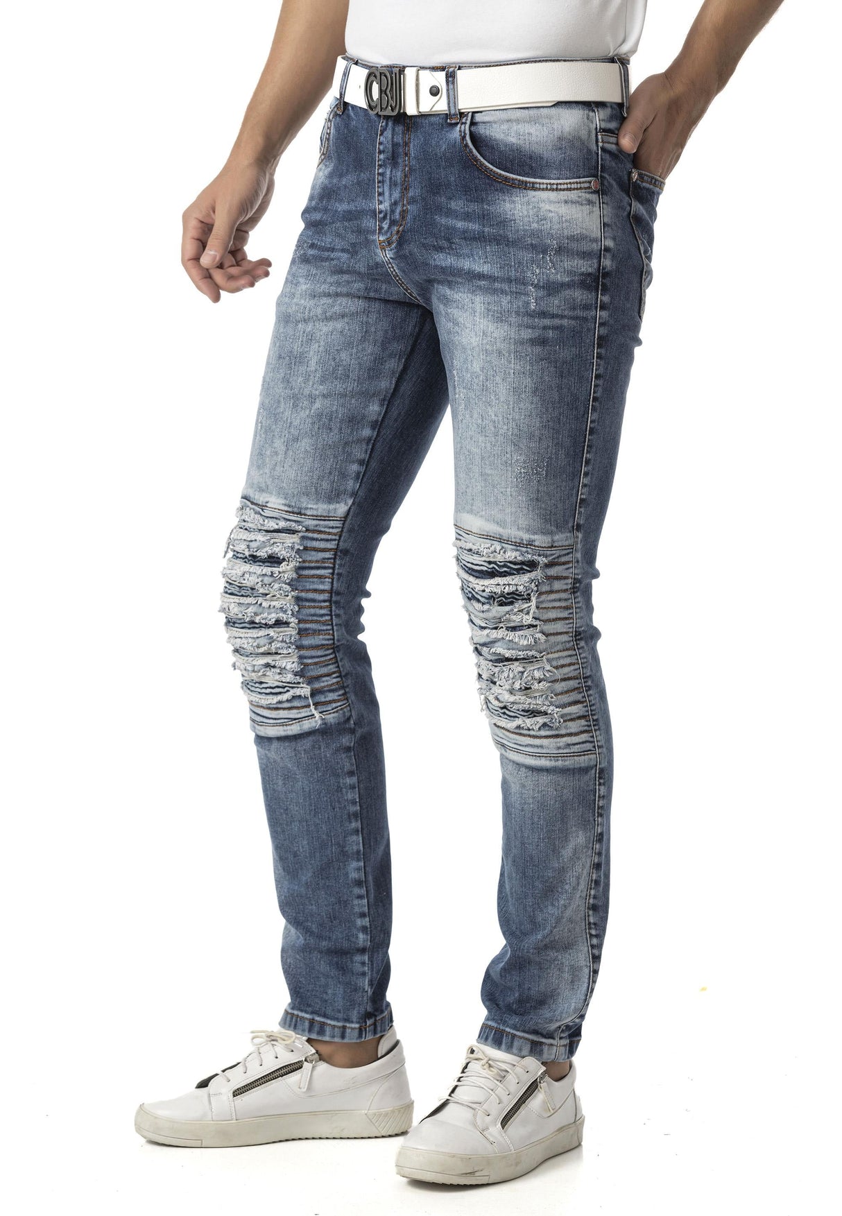 Erkek Slim Fit Mavi Yırtık Detaylı Jean Pantolon CD898