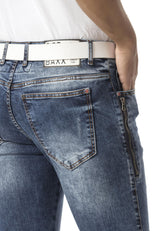Erkek Slim Fit Mavi Yırtık Detaylı Jean Pantolon CD898