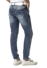 Erkek Slim Fit Mavi Yırtık Detaylı Jean Pantolon CD898