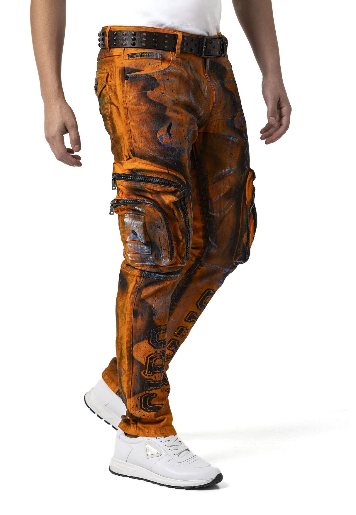 Erkek Straight Fit Turuncu Siyah Kargo Cepli Detaylı Pantolon CD902