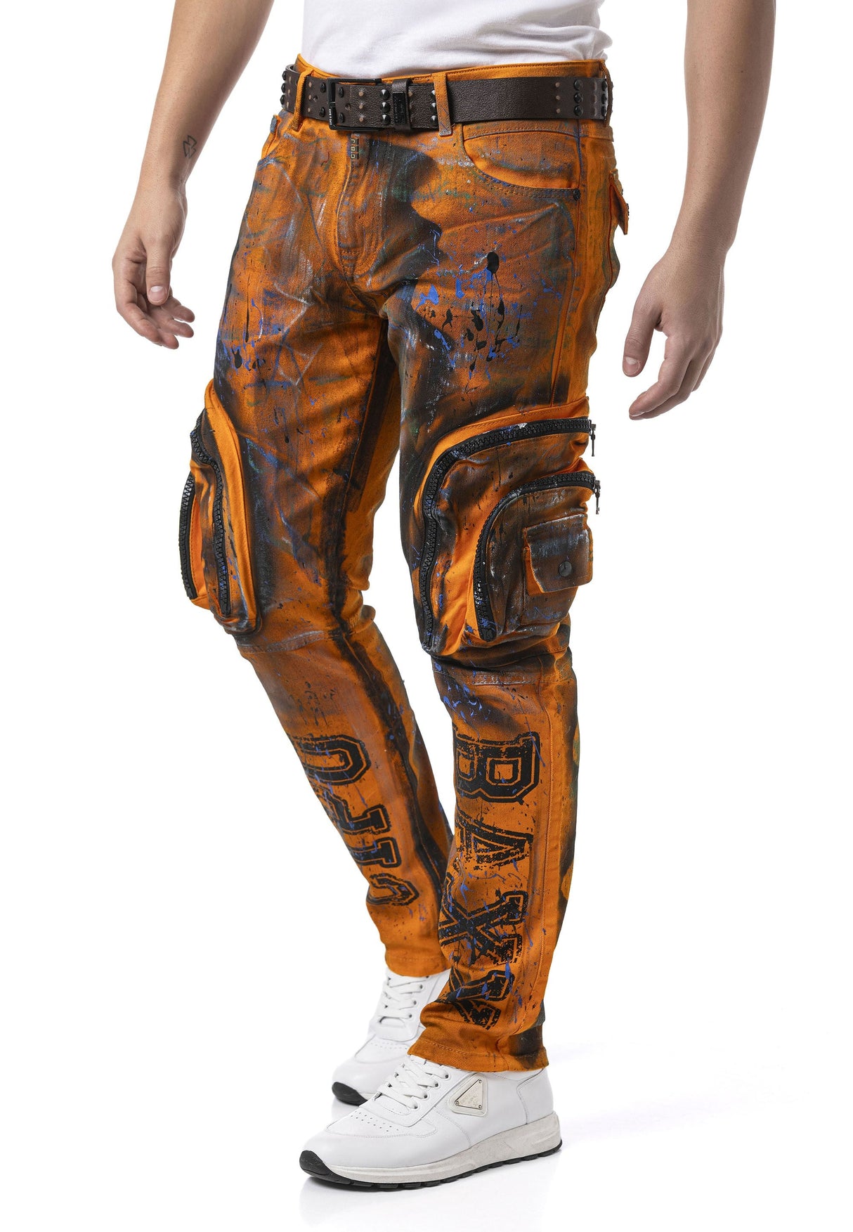 Erkek Straight Fit Turuncu Siyah Kargo Cepli Detaylı Pantolon CD902